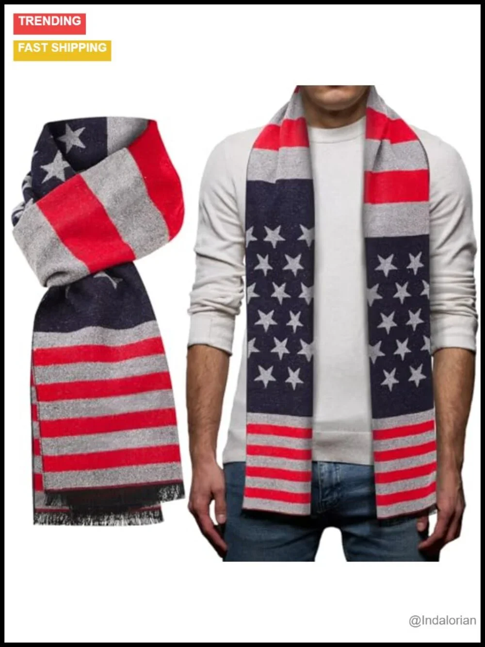 USA Flag Scarf Extra Long Warm Unisex Winter Scarf Striped Fringe